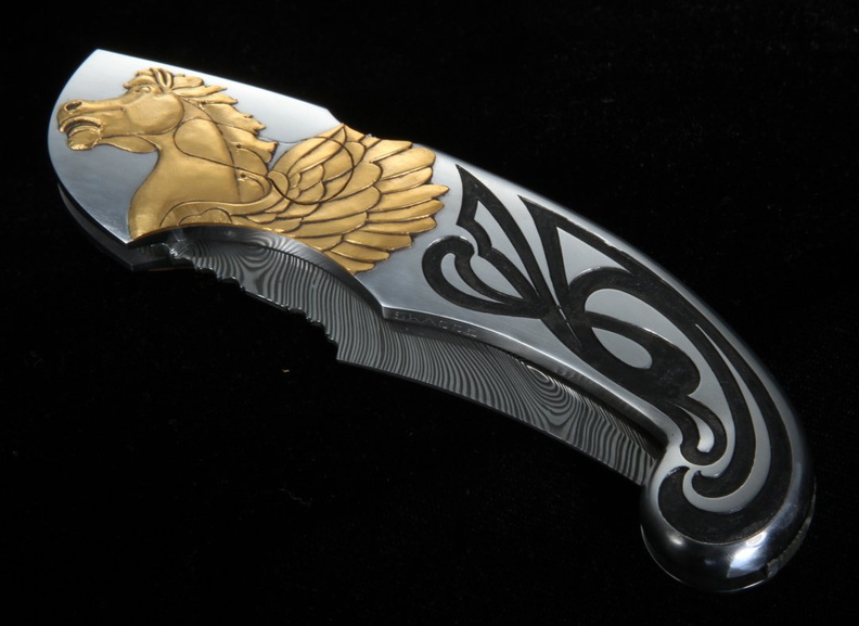 Joe_Kious_Ron_Skaggs_Engraved_Gold_Pegasus_Damascus_Folding_Knife_.jpg