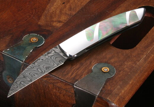Scott Sawby Custom Knives Skimmer Damascus and Black Pearl Folding Knife