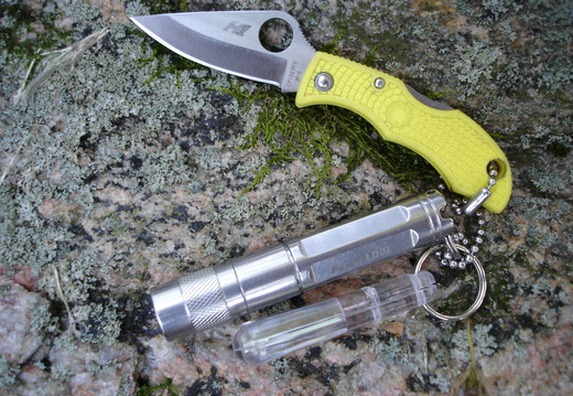 Spyderco H1 Ladybug with my Fenix LD01 flashlight with tritium glow in the dark keychain