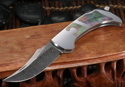 Warren Osborne Custom Knives Monaco Damascus and Black Pearl Folding Knife
