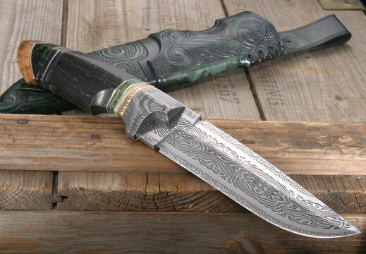 Venom Birch Mammoth and Damascus Fixed Blade Knife--003