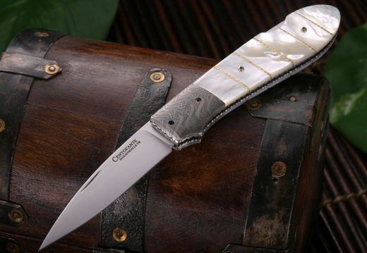 Frank Centofante Gold on Pearl Damascus Folding Knife