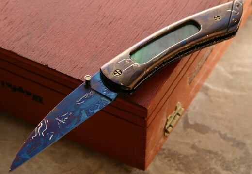 Josh Smith MS Custom Knives Mosaic Window Black Pearl and Jewels Folding Knife