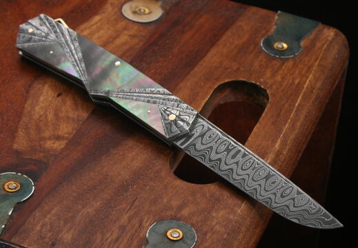 Ken Steigerwalt Custom Knives Midnight Black Pearl Gold and Damascus Folding Knife--001