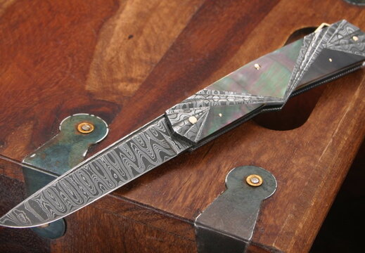 Ken Steigerwalt Custom Knives Midnight Black Pearl Gold and Damascus Folding Knife--002