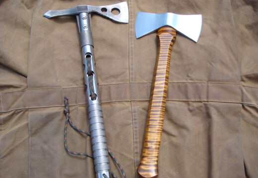 SOG Hawk in collaboration with a chunk of Titanium from my scrap bin  Lee Reeves double bit belt axe