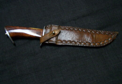 Amboyna burl bowie knife in sheath