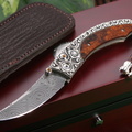 William Henry B11 Conestoga Carved Silver Ironwood  Damascus Folding Knife