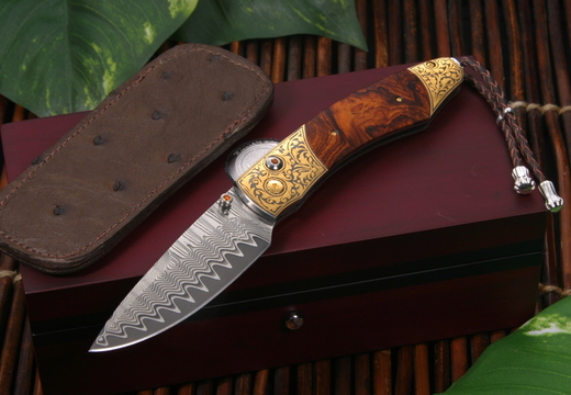 William Henry Exclusive B12 Sheridan Spearpoint Gold  Damascus Folding Knife